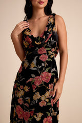 Prim Black Multi Floral Burnout Velvet Cowl Back Maxi Dress