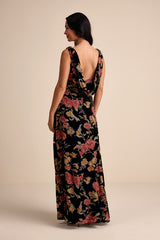 Prim Black Multi Floral Burnout Velvet Cowl Back Maxi Dress