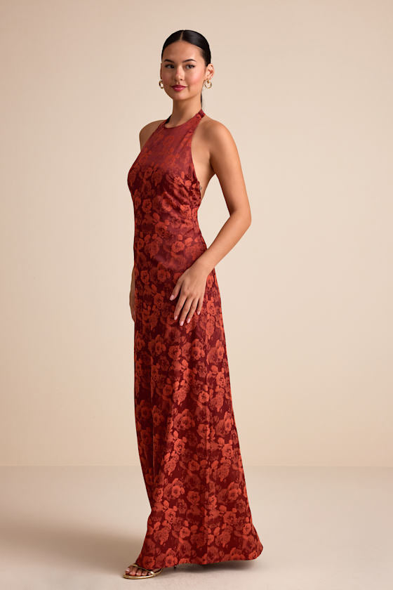 Alaria Rust Satin Jacquard Halter Neck Maxi Dress