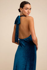Elarina Blue Velvet Cowl Halter Mermaid Maxi Dress