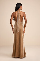 Elarina Champagne Velvet Cowl Halter Mermaid Maxi Dress