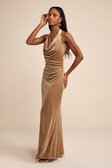 Elarina Champagne Velvet Cowl Halter Mermaid Maxi Dress