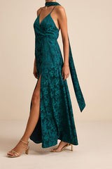 Mahira Emerald Satin Jacquard Surplice Sash Scarf Maxi Dress