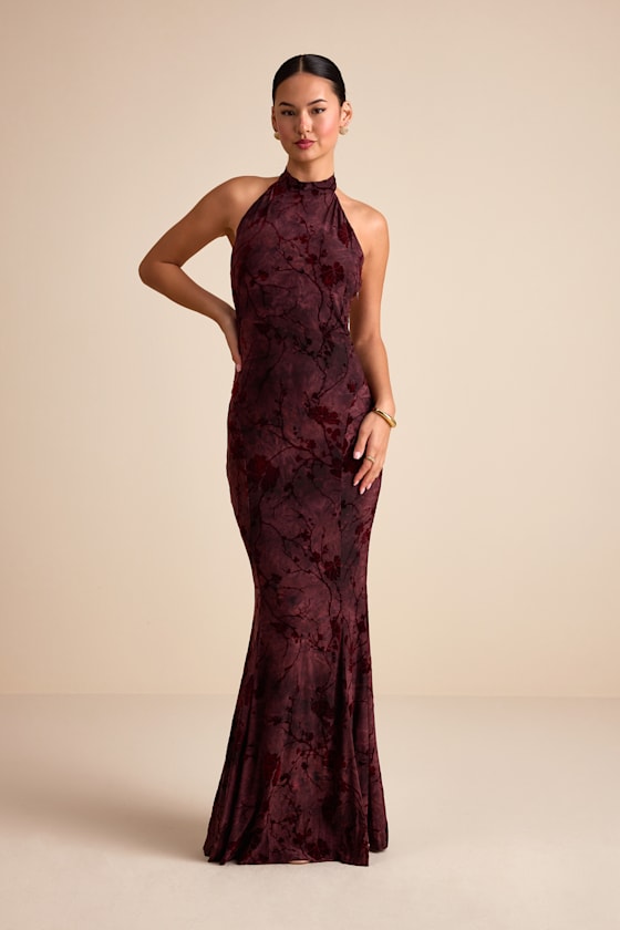 Sitara Burgundy Abstract Jersey Burnout Velvet Halter Maxi Dress