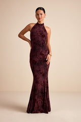 Sitara Burgundy Abstract Jersey Burnout Velvet Halter Maxi Dress