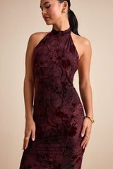 Sitara Burgundy Abstract Jersey Burnout Velvet Halter Maxi Dress