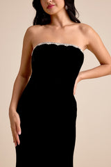 Leesa Black Velvet Rhinestone Mermaid Maxi Dress