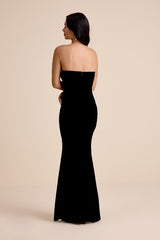 Leesa Black Velvet Rhinestone Mermaid Maxi Dress