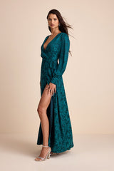Maryn Teal Green Satin Jacquard Wrap Maxi Dress