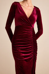 Yasna Burgundy Velvet Ruched Surplice Long Sleeve Maxi Dress