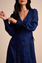 Maryn Navy Satin Jacquard Wrap Maxi Dress