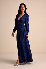 Maryn Navy Satin Jacquard Wrap Maxi Dress