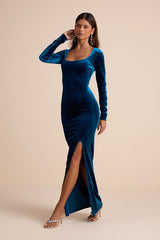 Alessia Teal Blue Velvet Long Sleeve Maxi Dress