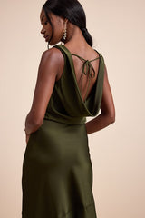 Aernah Olive Satin Cowl Tie-Back Slip Maxi Dress