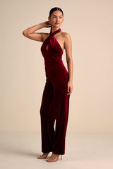 Yvania Burgundy Velvet Cross-Front Halter Jumpsuit