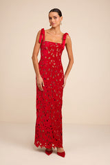 Ramsey Red Embroidered Tie-Strap Maxi Dress