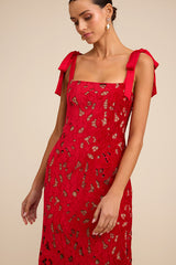 Ramsey Red Embroidered Tie-Strap Maxi Dress