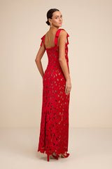 Ramsey Red Embroidered Tie-Strap Maxi Dress