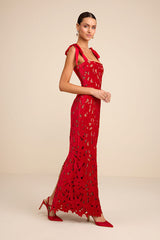 Ramsey Red Embroidered Tie-Strap Maxi Dress