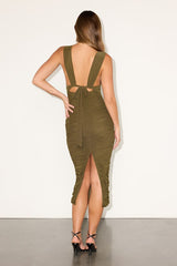 Jenesis Olive Mesh Ruched Tie-Back Midi Dress