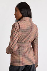 Kimley Beige Multi Plaid Belted Collared Jacket