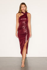 Naiara Dark Red Metallic Asymmetrical Halter Midi Dress