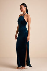 Emelina Dark Teal Velvet Halter Maxi Dress