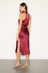 Jacey Burgundy Satin Halter Midi Dress
