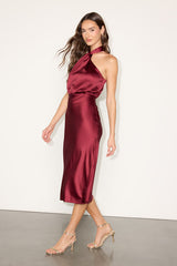 Jacey Burgundy Satin Halter Midi Dress