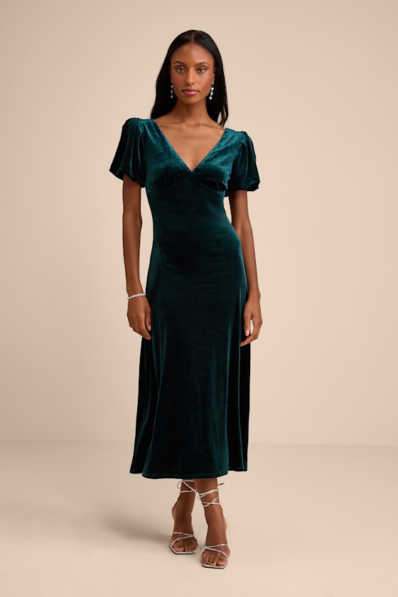 Obrissa Emerald Velvet Puff Sleeve Tie-Back Midi Dress