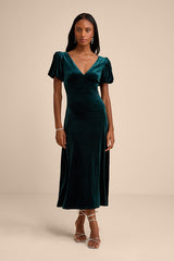 Obrissa Emerald Velvet Puff Sleeve Tie-Back Midi Dress