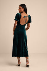 Obrissa Emerald Velvet Puff Sleeve Tie-Back Midi Dress