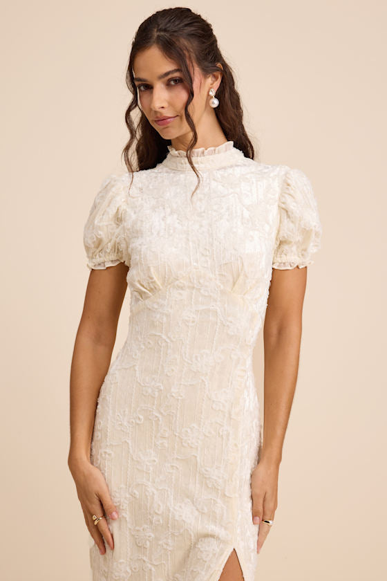 Cadison Cream Textured Puff Sleeve Column Maxi Dress