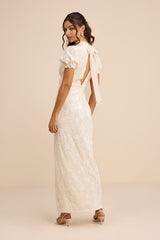 Cadison Cream Textured Puff Sleeve Column Maxi Dress