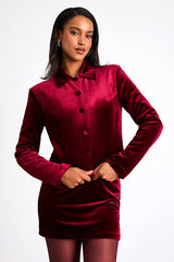 Bettany Dark Red Velvet Button-Front Collared Jacket