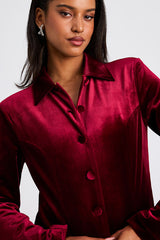 Bettany Dark Red Velvet Button-Front Collared Jacket