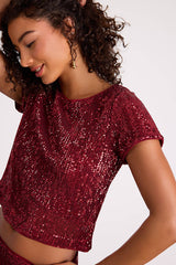 Isotta Burgundy Sequin Short Sleeve Crop Top