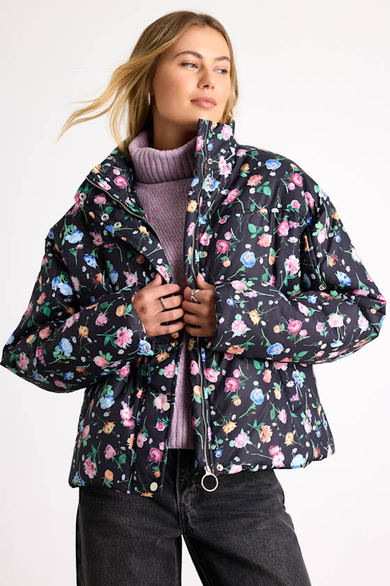 Linaya Black Floral Zip-Front Puffer Jacket