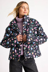 Linaya Black Floral Zip-Front Puffer Jacket
