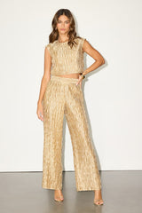Yukara Gold Textured High-Rise Wide-Leg Pants