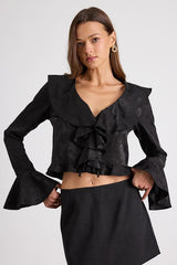 Esmina Black Jacquard Ruffled Tie-Front Top