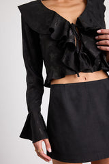 Esmina Black Jacquard Ruffled Tie-Front Top