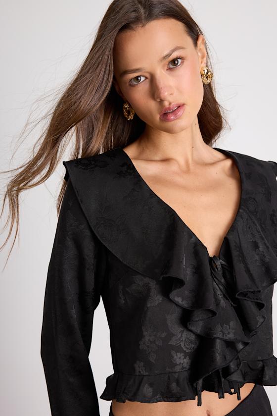 Esmina Black Jacquard Ruffled Tie-Front Top