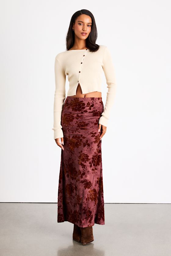 Milian Burgundy Burnout Velvet Ruched Mid-Rise Maxi Skirt