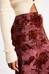 Milian Burgundy Burnout Velvet Ruched Mid-Rise Maxi Skirt