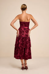 Dorina Burgundy Shadow Print Strapless Tiered Midi Dress