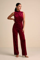 Micola Red Velvet Jacquard Mock Neck Jumpsuit