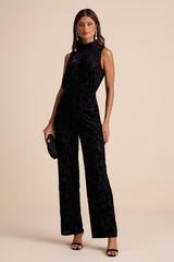 Micola Black Velvet Jacquard Mock Neck Jumpsuit