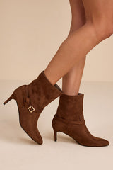 Jonelle Chocolate Suede Buckle High Heel Booties