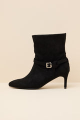 Jonelle Black Suede Buckle High Heel Booties